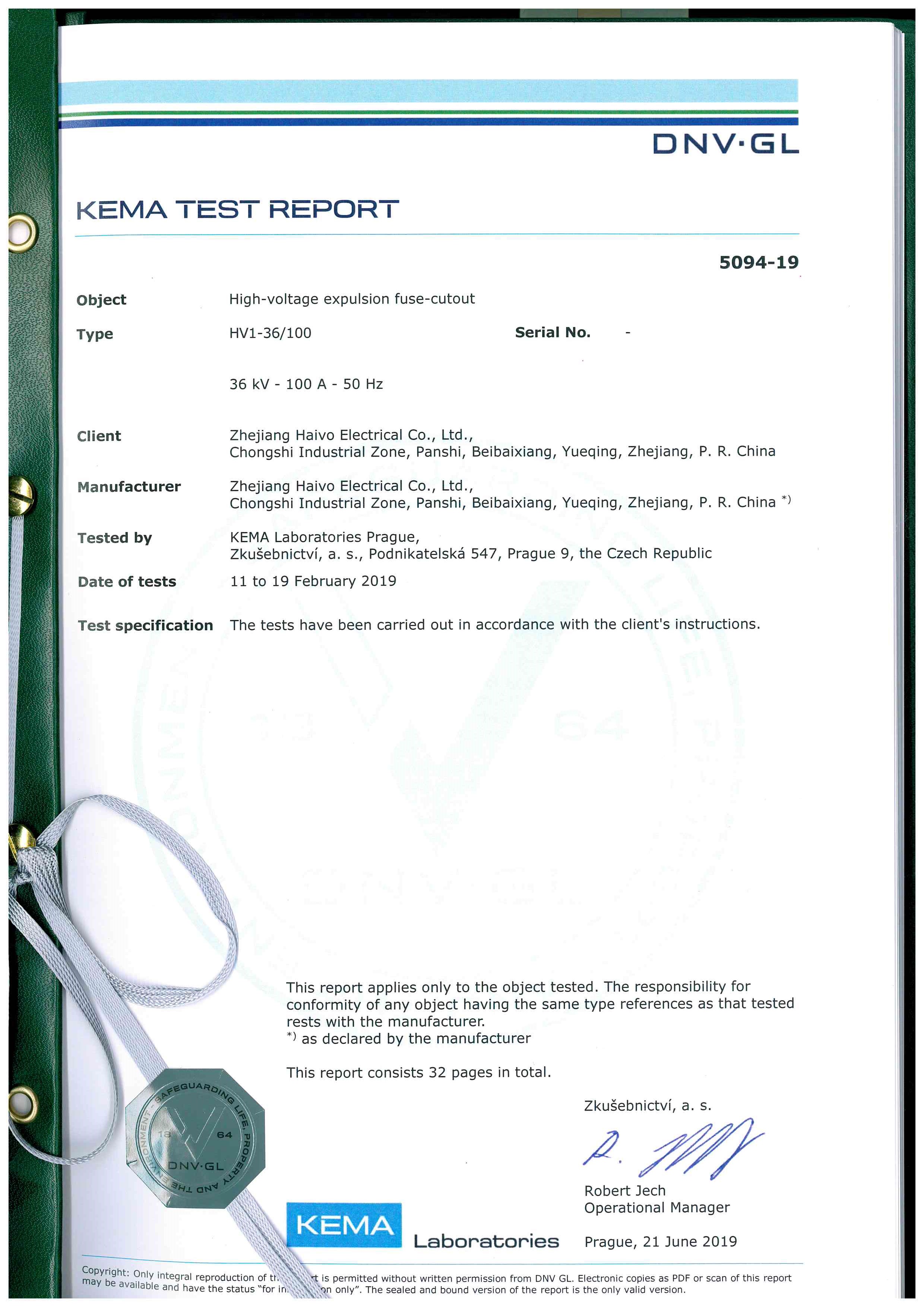 FUSE CUTOUT HV1-36-100 KEMA TEST REPORT